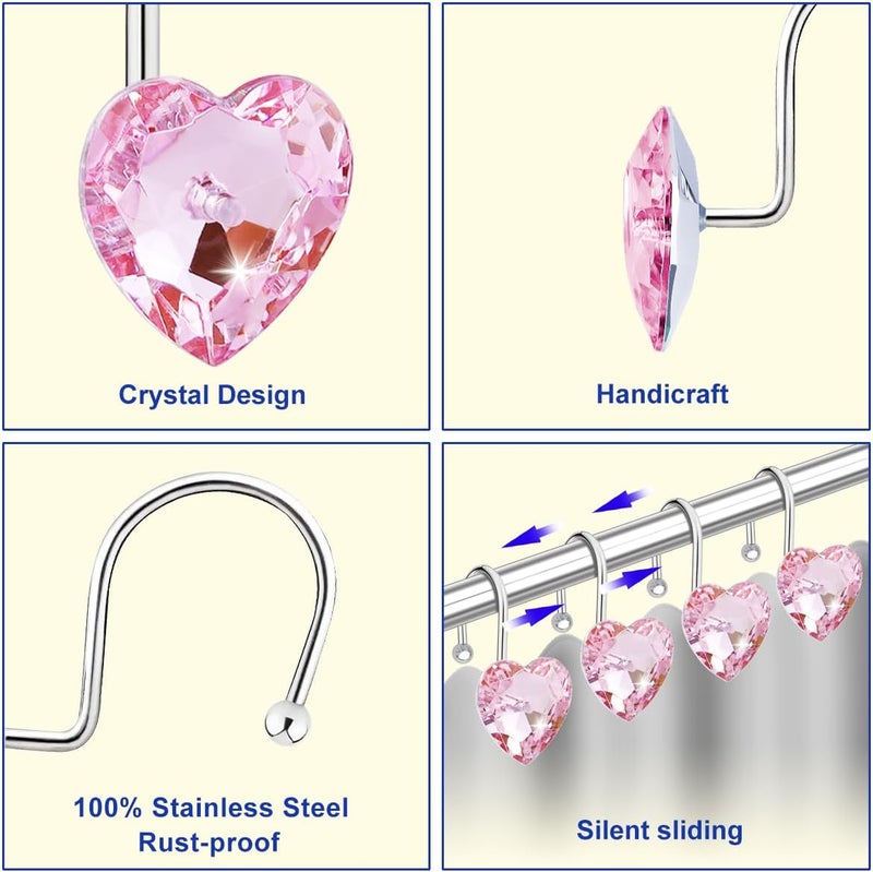 Yapicoco Shower Curtain Hooks Rings for Bathroom, 12PCS Valentines Day Heart Stainless Steel Rust Resistant Decorative Rhinestones Shower Curtain Rings Hangers for Shower Curtains, Clothing, etc. - Image 2
